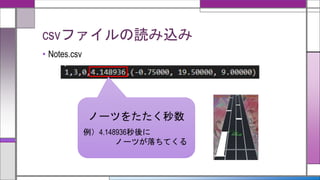 csvファイルの読み込み
• Notes.csv
ノーツをたたく秒数
例）4.148936秒後に
ノーツが落ちてくる
 