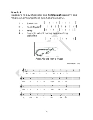 10
Gawain 3
Isasagawa ng bawat pangkat ang rhythmic patterns gamit ang
mga kilos na iminungkahi ng guro habang umaawit.
1 - ipalakpak
2 - tapik-tapikin
3 - snap
4 - tugtugin sa kahit anong instrumentong
panritmo
 