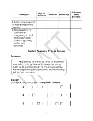 12
Kasanayan
Higit na
mahusay
Mahusay Kasiya-siya
Kailangan
pang
paunlarin
4. Lubos ang paglahok
sa mga pangkatang
gawain.
5. Nagpapakita ng
kabaitan at
paggalang sa sarili
at sa kapuwa sa
pamamagitan ng
matamang
pakikinig.
Aralin 2: Paggalaw Ayon sa Kumpas
Panimula
Gawain I
Ipalakpak ang sumusunod na rhythmic patterns.
Ang pantay na daloy ng pulso sa musika ay
maaaring mabagal o mabilis. Maipahahayag
natin ito sa pamamagitan ng mga kilos o galaw
na lilinang sa ating kakayahan na maisaayos ang
ating mga pandama.
 
