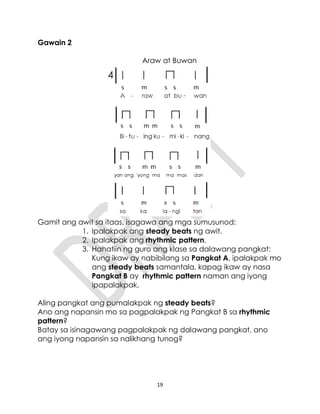 19
Gawain 2
Araw at Buwan
Gamit ang awit sa itaas, isagawa ang mga sumusunod:
1. Ipalakpak ang steady beats ng awit.
2. Ipalakpak ang rhythmic pattern.
3. Hahatiin ng guro ang klase sa dalawang pangkat:
Kung ikaw ay nabibilang sa Pangkat A, ipalakpak mo
ang steady beats samantala, kapag ikaw ay nasa
Pangkat B ay rhythmic pattern naman ang iyong
ipapalakpak.
Aling pangkat ang pumalakpak ng steady beats?
Ano ang napansin mo sa pagpalakpak ng Pangkat B sa rhythmic
pattern?
Batay sa isinagawang pagpalakpak ng dalawang pangkat, ano
ang iyong napansin sa nalikhang tunog?
 