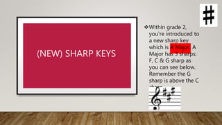 (NEW) SHARP KEYS
Within grade 2,
you're introduced to
a new sharp key
which is A Major. A
Major has 3 sharps:
F, C & G sharp as
you can see below.
Remember the G
sharp is above the C
sharp.
 