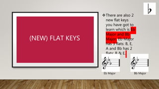 (NEW) FLAT KEYS
There are also 2
new flat keys
you have got to
learn which is Eb
Major and Bb
Major. Eb Major
has 3 flats: B, E,
A and Bb has 2
flats: B & E.
Eb Major Bb Major
 
