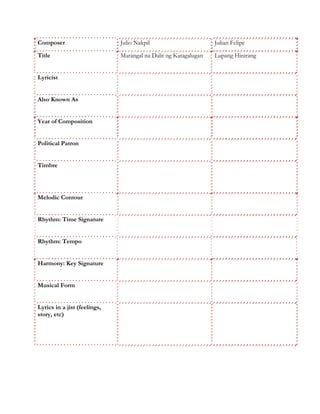 Composer                      Julio Nakpil                       Julian Felipe

Title                         Marangal na Dalit ng Katagalugan   Lupang Hinirang


Lyricist


Also Known As


Year of Composition


Political Patron


Timbre




Melodic Contour


Rhythm: Time Signature


Rhythm: Tempo


Harmony: Key Signature


Musical Form


Lyrics in a jist (feelings,
story, etc)
 
