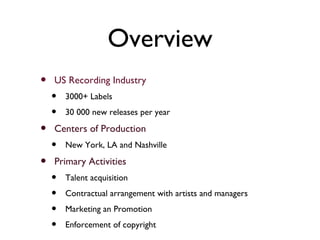 Overview US Recording Industry 3000+ Labels 30 000 new releases per year Centers of Production New York, LA and Nashville Primary Activities Talent acquisition Contractual arrangement with artists and managers Marketing an Promotion Enforcement of copyright 