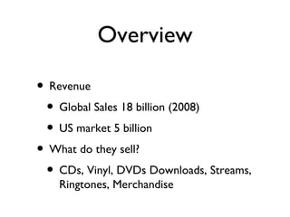 Overview Revenue Global Sales 18 billion (2008) US market 5 billion What do they sell? CDs, Vinyl, DVDs Downloads, Streams, Ringtones, Merchandise 