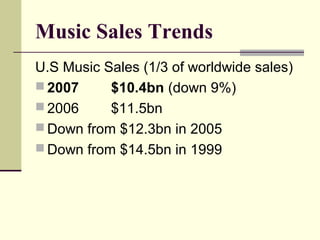 Music Sales Trends
U.S Music Sales (1/3 of worldwide sales)
 2007 $10.4bn (down 9%)
 2006 $11.5bn
 Down from $12.3bn in 2005
 Down from $14.5bn in 1999
 