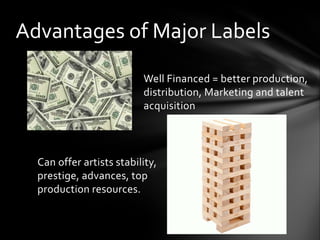 Well Financed = better production,
distribution, Marketing and talent
acquisition
Can offer artists stability,
prestige, advances, top
production resources.
Advantages of Major Labels
 