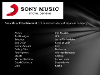 Sony Music Entertainment (US based subsidiary of Japanese company)
AC/DC
Avril Lavigne
Beyonce
Bob Dylan
Britney Spears
Fatboy Slim
Foo Fighters
MGMT
Michael Jackson
Good Charlotte
Glee
Iron Maiden
JLS
JustinTimberlake
Kings of Leon
Korn
Madonna
Whitney Houston
Shakira
Leona Lewis
Susan Boyle
Kesha
 