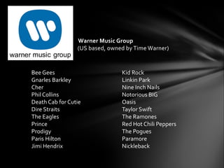 Warner Music Group
(US based, owned by Time Warner)
Bee Gees
Gnarles Barkley
Cher
Phil Collins
Death Cab for Cutie
Dire Straits
The Eagles
Prince
Prodigy
Paris Hilton
Jimi Hendrix
Kid Rock
Linkin Park
Nine Inch Nails
Notorious BIG
Oasis
Taylor Swift
The Ramones
Red Hot Chili Peppers
The Pogues
Paramore
Nickleback
 