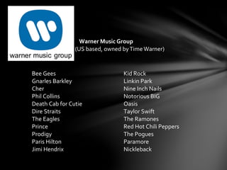 Warner Music Group
(US based, owned byTimeWarner)
Bee Gees
Gnarles Barkley
Cher
Phil Collins
Death Cab for Cutie
Dire Straits
The Eagles
Prince
Prodigy
Paris Hilton
Jimi Hendrix
Kid Rock
Linkin Park
Nine Inch Nails
Notorious BIG
Oasis
Taylor Swift
The Ramones
Red Hot Chili Peppers
The Pogues
Paramore
Nickleback
 