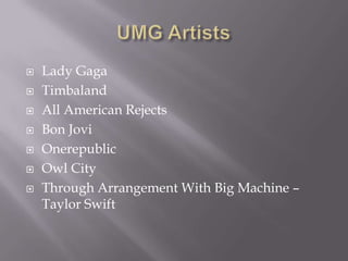 UMG ArtistsLady GagaTimbalandAll American RejectsBon JoviOnerepublicOwl CityThrough Arrangement With Big Machine – Taylor Swift