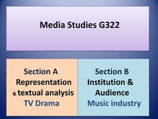 Media Studies G322



    Section A          Section B
 Representation      Institution &
& textual analysis     Audience
    TV Drama         Music industry
 