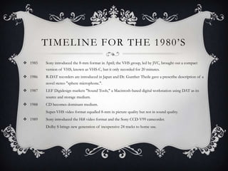 TIMELINE FOR THE 1980‟S
 1985   Sony introduced the 8-mm format in April; the VHS group, led by JVC, brought out a compact
         version of VHS, known as VHS-C, but it only recorded for 20 minutes.
 1986   R-DAT recorders are introduced in Japan and Dr. Gunther Theile gave a prescribe description of a
         novel stereo "sphere microphone.".
 1987   LEF Digidesign markets "Sound Tools," a Macintosh-based digital workstation using DAT as its
         source and storage medium.
 1988   CD becomes dominant medium.
         Super-VHS video format equalled 8-mm in picture quality but not in sound quality.
 1989   Sony introduced the Hi8 video format and the Sony CCD-V99 camcorder.
         Dolby S brings new generation of inexpensive 24 tracks to home use.
 