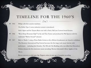 TIMELINE FOR THE 1960‟S
 1965   Philips sells first cassette machines.

         The Dolby Type A noise reduction system is introduced.

         Herb Alpert and the Tijuana Brass tour with a Harry McCune Custom Sound System.

 1966   "River Deep Mountain High" by Ike and Tina Turner and produced by Phil Spector with his
         trademark "Wall of Sound" released.

 1967   Birth of Radio 1 using a Pirate Radio format as the offshore broadcasters are forced to withdraw.
         The Monterey International Pop Festival becomes the first large rock music festival, with
         performers     including Jimi Hendrix, The Who & Otis Redding (who was killed that December).
         Elektra releases the first electronic music recording: Morton Subotnick's Silver Apples of the
         Moon.

         Revox converts to solid state. Sgt. Peppers ushers in new age of popular recording.
 