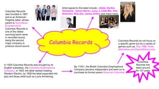 Columbia Records
Columbia Records
was founded in 1887
and is an American
Flagship label, whose
parent is Sony Music
Entertainment.
Columbia Records is
one of the oldest
surviving band name
in recorded sound,
being the second
major company to
produce record sound.
Artist signed to this label include:- Adele, Barbra
Streisand, Calvin Harris, Juicy J, Little Mix, One
Direction, Rita Ora, James Arthur and many more.
In 1925 Columbia Records was brought by its
English subsidiary, the Columbia Graphophone
Company, in 1925, the label started creating
Western Electric, by 1926 the label expanded into
jazz and blues artist such as Louis Armstrong.
Columbia Records do not focus on
a specific genre but do a variety of
genres such as; Pop, R&B, Rock,
Alternative and Dance/Electronica.
By 11931, the British Columbia Graphophone
Company became independent and went on to
purchase its former parent American Columbia.
Columbia
Records has
been around
for 127 years
 