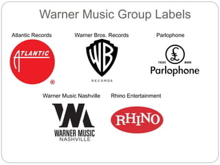 Warner Music Group Labels
Atlantic Records Warner Bros. Records Parlophone
Warner Music Nashville Rhino Entertainment
 