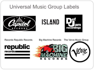 Universal Music Group Labels
Records Republic Records Big Machine Records The Verve Music Group
 