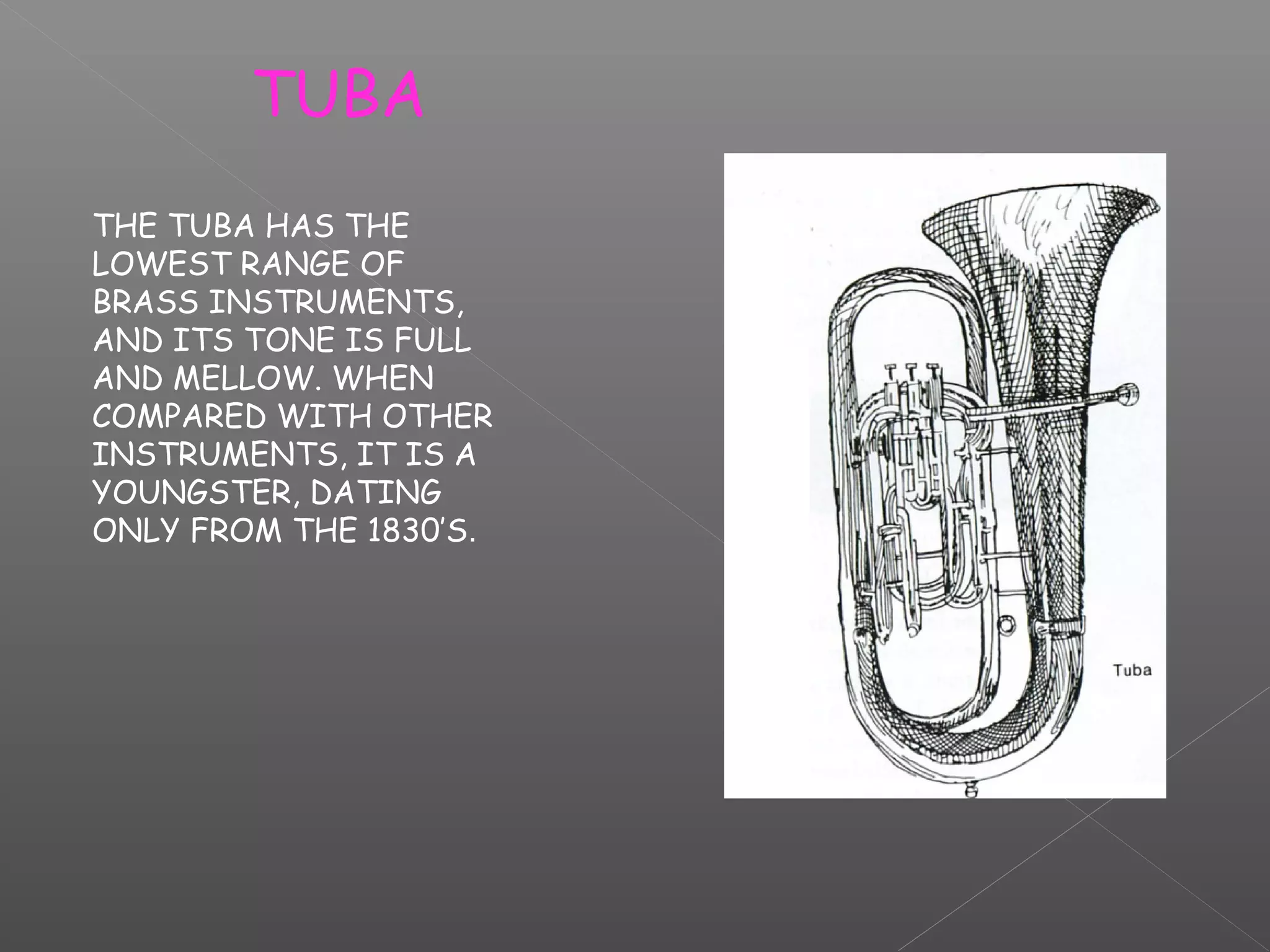 TUBA
THE TUBA HAS THE
LOWEST RANGE OF
BRASS INSTRUMENTS,
AND ITS TONE IS FULL
AND MELLOW. WHEN
COMPARED WITH OTHER
INSTRUMENTS, IT IS A
YOUNGSTER, DATING
ONLY FROM THE 1830’S.

 