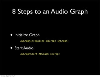 8 Steps to an Audio Graph


                • Initialize Graph
                            AUGraphInitialize(!
           ...