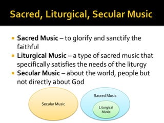    Sacred Music – to glorify and sanctify the
    faithful
   Liturgical Music – a type of sacred music that
    specifically satisfies the needs of the liturgy
   Secular Music – about the world, people but
    not directly about God
                              Sacred Music

            Secular Music
                                Liturgical
                                  Music
 