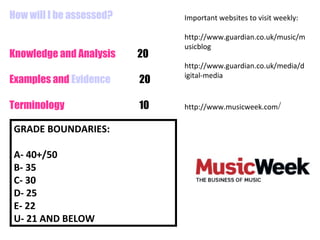 How will I be assessed?        Important websites to visit weekly:

                               http://www.guardian.co.uk/music/m
                               usicblog
Knowledge and Analysis    20
                               http://www.guardian.co.uk/media/d
                               igital-media
Examples and Evidence     20

Terminology               10   http://www.musicweek.com/

GRADE BOUNDARIES:

A- 40+/50
B- 35
C- 30
D- 25
E- 22
U- 21 AND BELOW
 