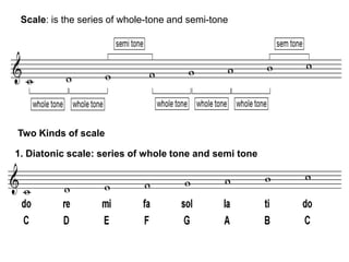 Scale: is the series of whole-tone and semi-tone
Two Kinds of scale
1. Diatonic scale: series of whole tone and semi tone
 