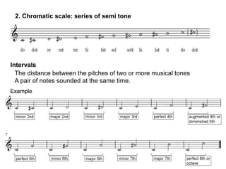 2. Chromatic scale: series of semi tone
Intervals
The distance between the pitches of two or more musical tones
A pair of notes sounded at the same time.
Example
 
