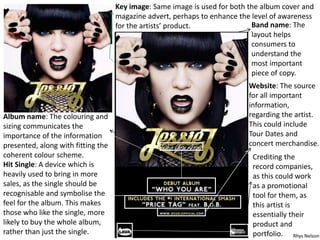 Key image: Same image is used for both the album cover and
magazine advert, perhaps to enhance the level of awareness
for the artists’ product. Band name: The
layout helps
consumers to
understand the
most important
piece of copy.
Album name: The colouring and
sizing communicates the
importance of the information
presented, along with fitting the
coherent colour scheme.
Hit Single: A device which is
heavily used to bring in more
sales, as the single should be
recognisable and symbolise the
feel for the album. This makes
those who like the single, more
likely to buy the whole album,
rather than just the single. Rhys Nelson
Website: The source
for all important
information,
regarding the artist.
This could include
Tour Dates and
concert merchandise.
Crediting the
record companies,
as this could work
as a promotional
tool for them, as
this artist is
essentially their
product and
portfolio.
 