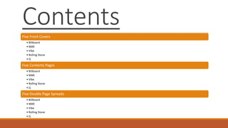 ContentsFive Front Covers
• Billboard
• NME
• Vibe
• Rolling Stone
• Q
Five Contents Pages
• Billboard
• NME
• Vibe
• Rolling Stone
• Q
Five Double Page Spreads
• Billboard
• NME
• Vibe
• Rolling Stone
• Q
 