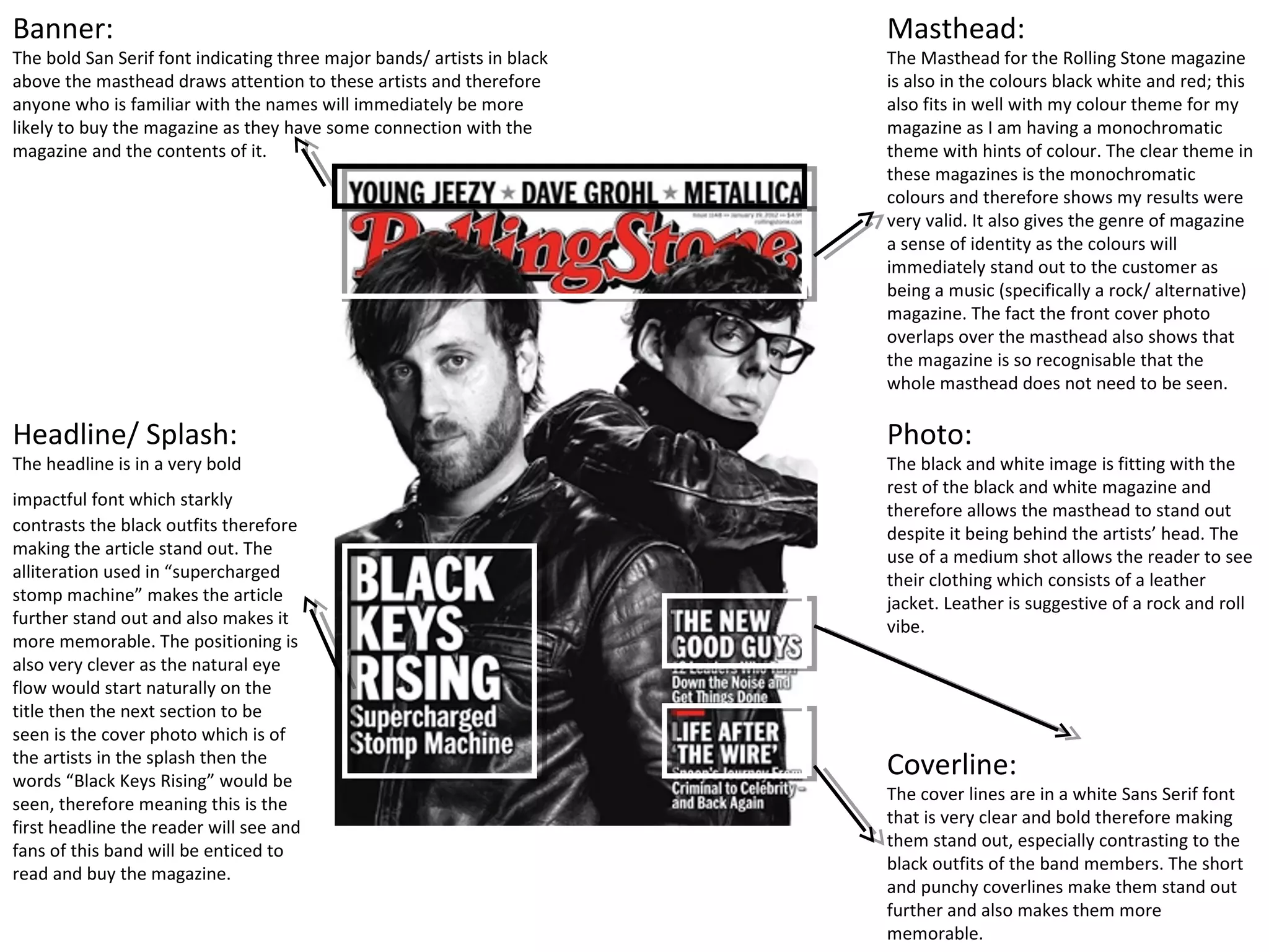 Banner:
The bold San Serif font indicating three major bands/ artists in black
above the masthead draws attention to these artists and therefore
anyone who is familiar with the names will immediately be more
likely to buy the magazine as they have some connection with the
magazine and the contents of it.
Coverline:
The cover lines are in a white Sans Serif font
that is very clear and bold therefore making
them stand out, especially contrasting to the
black outfits of the band members. The short
and punchy coverlines make them stand out
further and also makes them more
memorable.
Masthead:
The Masthead for the Rolling Stone magazine
is also in the colours black white and red; this
also fits in well with my colour theme for my
magazine as I am having a monochromatic
theme with hints of colour. The clear theme in
these magazines is the monochromatic
colours and therefore shows my results were
very valid. It also gives the genre of magazine
a sense of identity as the colours will
immediately stand out to the customer as
being a music (specifically a rock/ alternative)
magazine. The fact the front cover photo
overlaps over the masthead also shows that
the magazine is so recognisable that the
whole masthead does not need to be seen.
Headline/ Splash:
The headline is in a very bold
impactful font which starkly
contrasts the black outfits therefore
making the article stand out. The
alliteration used in “supercharged
stomp machine” makes the article
further stand out and also makes it
more memorable. The positioning is
also very clever as the natural eye
flow would start naturally on the
title then the next section to be
seen is the cover photo which is of
the artists in the splash then the
words “Black Keys Rising” would be
seen, therefore meaning this is the
first headline the reader will see and
fans of this band will be enticed to
read and buy the magazine.
Photo:
The black and white image is fitting with the
rest of the black and white magazine and
therefore allows the masthead to stand out
despite it being behind the artists’ head. The
use of a medium shot allows the reader to see
their clothing which consists of a leather
jacket. Leather is suggestive of a rock and roll
vibe.
 