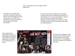 This is an example off a music magazine double
                                          page spread.




  The images on the double page                                            The colour scheme of the magazine is mainly black
  spread are mainly dark colours and                                       and other dark colours this keeping with the genre of
  take up most of the pages this shows                                     the magazine as it is a rock music magazine. However
  that the article is not just for the                                     there is contrast in the colours because the
  information it is also to promote the                                    background is black and the font is coloured in white
  bands image with the large                                               this makes it easy to read for the audience who might
  photographs.                                                             have sight difficulties.




The masthead of the
double page spread is on a                                                                         The layout of the magazine is quite
slight angle in two different                                                                      busy because the readers eyes are
coloured fonts this gives an                                                                       drawn everywhere on the page
added affect on the front                                                                          because there is so much going on
cover showing that it is in                                                                        with all the images and the different
formal                                                                                             text boxes.
 