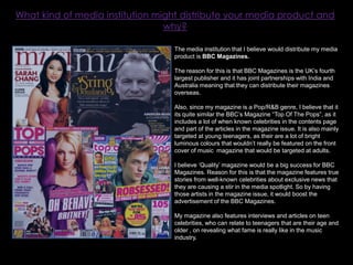 Colour Palette -> (The colour palette is really important as it needs to relate to the target audience, gender and genre of the magazine).