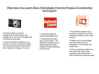 What Have You Learnt About Technologies From the Process of Constructing
                                  the Product?




                                                                            • This software enabled me to
•I’ve been taught to use bloc              • I used this website to         present my research around the
backgrounds to take pictures, this         access fashionable fonts.        successful institutes in the music
enables me to remove the backgrounds                                        industry,
in Photoshop with ease.                    • I chose fonts that were
                                           clear yet still stylish – this   • It allows me to import images
• I learnt the effects of lighting on my                                    and text to allow for a full
                                           relates the magazine to my
pictures, having to choose the location    target audience but still        explanation of my findings and
of my photo shoot with a clear idea of     enables for easy reading by      construction.
how I wanted my images to turn out.        the consumer.                    • From my preliminary task to my
                                                                            main task I was able to fully
                                                                            understand the conventions in
                                                                            which PowerPoint should be used.
 