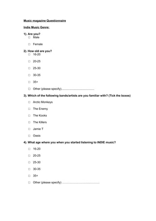 Music magazine questionnaire