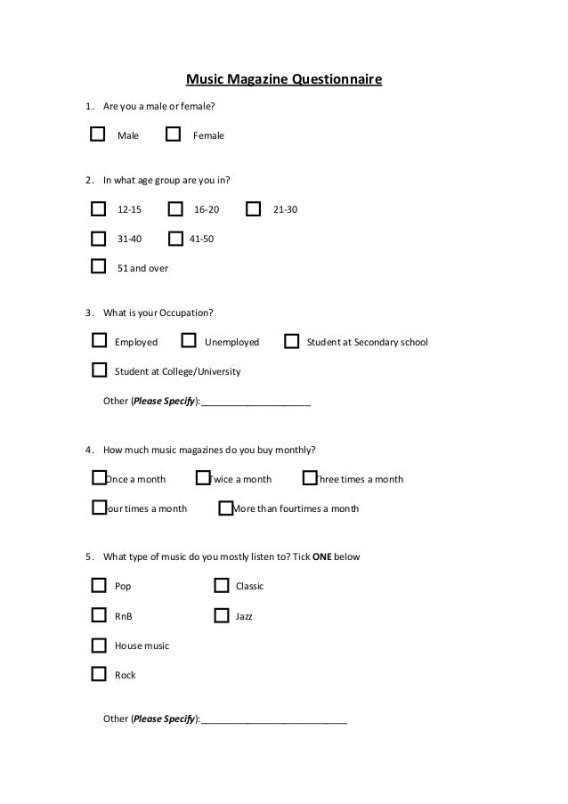 Music magazine questionnaire
