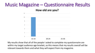 Music Magazine – Questionnaire Results
0
2
4
6
8
10
12
15-19 20-24 25-30
How old are you?
My results show that all of the people I asked to complete my questionnaire are
within my target audience age bracket, so this means that my results overall will be
relevant towards them and what they will expect from my magazine.
 