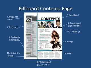 Billboard Contents Page
                                          1. Masthead
7. Magazine
name
                                           2. Images and
                                           page number
8. Top charts
                                             3. Headings

  9. Additional
  information
                                        4. Image




10. Design and                          5. Info
layout

                       6. Website and
                       page number
 