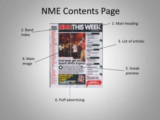 1. Main heading
2. Band
index
                                   3. List of articles



4. Main
image
                                        5. Sneak
                                        preview




          6. Puff advertising
 