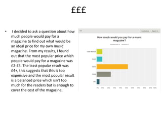 £££
• I decided to ask a question about how
much people would pay for a
magazine to find out what would be
an ideal price for my own music
magazine. From my results, I found
out that the most popular price which
people would pay for a magazine was
£2-£3. The least popular result was
£4+, this suggests that this is too
expensive and the most popular result
is a balanced price which isn't too
much for the readers but is enough to
cover the cost of the magazine.
 