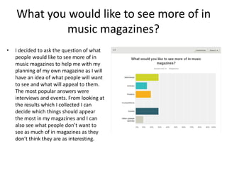What you would like to see more of in
music magazines?
• I decided to ask the question of what
people would like to see more of in
music magazines to help me with my
planning of my own magazine as I will
have an idea of what people will want
to see and what will appeal to them.
The most popular answers were
interviews and events. From looking at
the results which I collected I can
decide which things should appear
the most in my magazines and I can
also see what people don’t want to
see as much of in magazines as they
don’t think they are as interesting.
 
