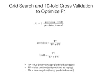 Grid Search and 10-fold Cross Validation 
to Optimize F1 
• TP = true positive (happy predicted as happy) 
• FP = false positive (sad predicted as happy) 
• FN = false negative (happy predicted as sad) 
 