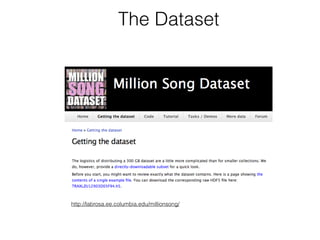 The Dataset 
http://labrosa.ee.columbia.edu/millionsong/ 
 