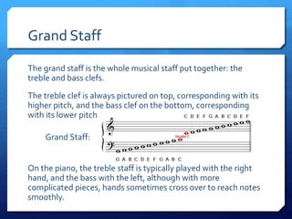 Grand Staff
The grand staff is the whole musical staff put together: the
treble and bass clefs.
The treble clef is always pictured on top, corresponding with its
higher pitch, and the bass clef on the bottom, corresponding
with its lower pitch.
On the piano, the treble staff is typically played with the right
hand, and the bass with the left, although with more
complicated pieces, hands sometimes cross over to reach notes
smoothly.
Grand Staff:
 