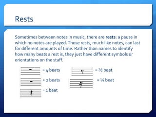 Rests
Sometimes between notes in music, there are rests: a pause in
which no notes are played.Those rests, much like notes, can last
for different amounts of time. Rather than names to identify
how many beats a rest is, they just have different symbols or
orientations on the staff.
= 4 beats = ½ beat
= 2 beats = ¼ beat
= 1 beat
 