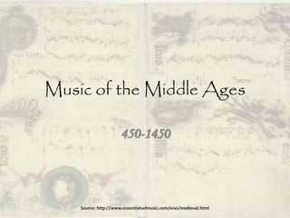 Music of the Middle Ages
450-1450
Source: http://www.essentialsofmusic.com/eras/medieval.html
 