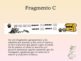Fragmento C En este fragmento agruparemos a los alumnos por parejas y uno será el ratón y el otro el pizzero que quiere coger al ratón. En los puntos el ratón se moverá y el pizzero intentará cogerlo, mientras que los triángulos significan que el ratón no se mueve y el pizzero lo busca. 