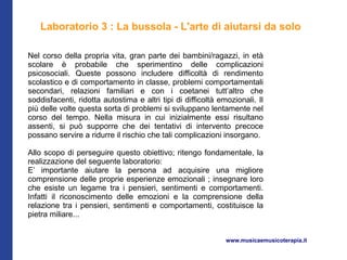Laboratorio 3 : La bussola - L'arte di aiutarsi da solo

Nel corso della propria vita, gran parte dei bambini/ragazzi, in età
scolare è probabile che sperimentino delle complicazioni
psicosociali. Queste possono includere difficoltà di rendimento
scolastico e di comportamento in classe, problemi comportamentali
secondari, relazioni familiari e con i coetanei tutt’altro che
soddisfacenti, ridotta autostima e altri tipi di difficoltà emozionali. Il
più delle volte questa sorta di problemi si sviluppano lentamente nel
corso del tempo. Nella misura in cui inizialmente essi risultano
assenti, si può supporre che dei tentativi di intervento precoce
possano servire a ridurre il rischio che tali complicazioni insorgano.

Allo scopo di perseguire questo obiettivo; ritengo fondamentale, la
realizzazione del seguente laboratorio:
E’ importante aiutare la persona ad acquisire una migliore
comprensione delle proprie esperienze emozionali ; insegnare loro
che esiste un legame tra i pensieri, sentimenti e comportamenti.
Infatti il riconoscimento delle emozioni e la comprensione della
relazione tra i pensieri, sentimenti e comportamenti, costituisce la
pietra miliare...


                                                              www.musicaemusicoterapia.it
 