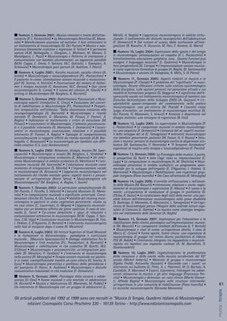 Metelli, A. Raglio) • L’approccio musicoterapico in ambito istitu-
zionale: il trattamento dei disturbi neuropsichici dell’adolescenza
(F. Demaestri) • Dal rumore al suono, dalla confusione all’inte-
grazione (R. Busolini, A. Grusovin, M. Paci, F. Amione, G. Marin)
Numero 10, Luglio 2004: Espressione dello spazio e del tempo
in musicoterapia: sintonizzazioni ed empatia (P. L. Postacchini) •
Intrattenimento, educazione, preghiera, cura… Quante funzioni può
svolgere il linguaggio musicale? (L. Quattrini) • Musicoterapia in
fase preoperatoria (G. Canepa) • L’improvvisazione sonoro-musica-
le come esperienza formativa di gruppo (A. Raglio, M. Santonocito)
• Musicoterapia e anziani (A. Varagnolo, R. Melis, S. Di Pierro)
Numero 11, Gennaio 2005: Aspetti timbrici in musica e in
Musicoterapia (P. Ciampi) • Il problema del “significato” in musi-
coterapia. Alcune riflessioni critiche sullo statuto epistemologico
della disciplina, sulle opzioni presenti nel panorama attuale e sui
modelli di formazione proposti (G. Gaggero) • Il significato dell’e-
spressività vocale nel trattamento musicoterapico di bambini con
Disturbo Generalizzato dello Sviluppo (DGS) (A. Guzzoni) • L'e-
sportabilità spazio-temporale del cambiamento nella pratica
musicoterapica: una pre-ricerca (M. Placidi) • L’ascolto come
luogo d’incontro: un trattamento di musicoterapia recettiva (G.
Del Puente, G. Manarolo, S. Venuti) • Armonie e disarmonie nel
disagio motorio: una rassegna di esperienze (B. Foti)
Numero 12, Luglio 2005: La supervisione in Musicoterapia (P.
L. Postacchini) • Le competenze musicali in ambito musicoterapi-
co: una proposta (F. Demaestri) • L’armonia del sé: aspetti musica-
li dello sviluppo del sé (C. Tamagnone) • Interventi musicoterapici
con bambini gravemente ipotonici (W. Fasser, G. V. Ruoso) • Emo-
zioni e musica: percorsi di musicoterapia contro la dispersione sco-
lastica (M. Santonocito, P. Parentela) • “Il Serpente Arcobaleno”
esperienze di musico-arte-terapia e tossicodipendenza (F. Prestia)
Numero 13, Gennaio 2006: La Psicologia della musica: il punto,
le prospettive (G. Nuti) • John Cage: caso vs. improvvisazione (C.
Lugo) • La composizione in musicoterapia (A. M. Gheltrito) • Musi-
coterapia preventiva in ambito scolastico: un programma speri-
mentale per lo sviluppo dell’empatia (E. D’Agostino, I. Ordiner, G.
Matricardi) • Musicoterapia e Riabilitazione: una esperienza grup-
pale integrata (Flora Inzerillo) • Dal Caos all’armonia (R. Messaglia)
Numero 14, Luglio 2006: Il cervello nell’esecuzione e nell’ascol-
to della Musica (M. Biasutti) • Interazione, relazione e storia: ragio-
namenti di musicoterapia e supervisione (F. Albano) • Il suono e la
mente: un’esperienza di conduzione di gruppo in psichiatria (G.
D’Erba, R. Quinzi) • La condivisione degli stati della mente: una pos-
sibile lettura dell’interazione musicoterapica nella grave disabilità
(S. Borlengo, G. Manarolo, G. Marconcini, L. Tamagnone) • Un’espe-
rienza di musicoterapia presso l’Hospice della azienda istituti ospi-
talieri di Cremona (L. Gamba) • La musica come strategia terapeu-
tica nel trattamento delle demenze (A. Raglio)
Numero 15, Gennaio 2007: Implicazioni per l’educazione e la
riabilitazione della ricerca psicologica sull’improvvisazione musica-
le (M. Biasutti) • Le componenti cerebrali dell’amusia (L. F. Bertolli)
• Musicoterapia e stati di coma: un’esperienza diretta, il caso di
Marco (C. Ceroni) • Forme aperte, forme chiuse: una esperienza di
musicoterapia di gruppo nel centro diurno psichiatrico di Oderzo
(TV) (R. Bolelli) • L’intervento integrato tra logopedista e musicote-
rapista nei bambini con impianto cocleare (A. M. Beccafichi, G.
Giambenedetti)
Numero 16, Luglio 2007: Legato/staccato: la problematica
della creazione e della morte nella musica occidentale del XX°
secolo (Michel Imberty) • Memorie di gruppo e musicoterapia
(Egidio Freddi, Antonella Guzzoni) • Giocando con i suoni: un
intervento sul bullismo (E. Prete, A. L. Palermiti, M. G. Bartolo, A.
Costabile, R. Marcone) • Esserci, Esprimersi, Interagire tra adole-
scenti attraverso la musica e gli altri linguaggi (Francesca Pre-
stia) • Musicoterapia e demenza: un caso clinico (Marta Gianot-
ti, Alfredo Raglio) • Musicoterapia nelle strutture intermedie:
un’esperienza in una comunità di riabilitazione (Flora Inzerillo) •
Le tecniche musicoterapiche (Gerardo Manarolo)
Numero 3, Gennaio 2001: Musica emozioni e teoria dell’attac-
camento (P. L. Postacchini) • La Musicoterapia Recettiva (G. Mana-
rolo) • Manifestazioni ossessive ed autismo: il loro intrecciarsi in
un trattamento di musicoterapia (G. Del Puente) • Musica e ado-
lescenza Dinamiche evolutive e regressive (I. Sirtori) • Il perimetro
sonoro (A.M. Barbagallo, L. Giorgioni, L. Mattazzi, M. Moroni, S.
Mutalipassi, L. Pozzi) • Musicoterapia e Patterns di interazione e
comunicazione con bambini pluriminorati: un approccio possibile
(M.M. Coppa, E. Orena, F. Santoni, M.C. Dolciotti, I. Giampieri, A.
Schiavoni) • Musicoterapia post partum (A. Auditore, F. Pasini)
Numero 4, Luglio 2001: Ascolto musicale, ascolto clinico (A.
Schön) • Musicoterapia e tossicodipendenza (P.L. Postacchini) •
Il paziente in coma: stimolazione sonoro-musicale o musicotera-
pia? (G. Scarso, A. Visintin) • Osservazione del malato di Alzhei-
mer e terapia musicale (C. Bonanomi, M.C. Gerosa) • Due storie
musicoterapiche (L. Corno) • Il suono del silenzio (A. Gibelli) • Il
setting in Musicoterapia (M. Borghesi, A. Ricciotti)
Numero 5, Gennaio 2002: Riabilitazione Psicosociale e Musi-
coterapia aspetti introduttivi (L. Croce) • Evoluzione del concet-
to di riabilitazione in Musicoterapia (P.L. Postacchini) • Prospet-
tive terapeutiche nell’infanzia: “Dalla disarmonia evolutiva alla
neuropsicopatologia (G. Boccardi) • Musicoterapia e ritardo
mentale (F. Demaestri, G. Manarolo, M. Picozzi, F. Puerari, A.
Raglio) • Indicazioni al trattamento e criteri di inclusione (M.
Picozzi) • L’assesment in Musicoterapia, il bilancio psicomusica-
le e il possibile intervento (G. Manarolo, F. Demaestri) • L’asses-
sment in musicoterapia, osservazione, relazione e il possibile
intervento (F. Puerari, A. Raglio) • Tipologie di comportamento
sonoro/musicale in soggetti affetti da ritardo mentale (A.M. Bar-
bagallo, C. Bonanomi) • La musicoterapia per bambini con diffi-
coltà emotive (C.S. Lutz Hochreutener)
Numero 6, Luglio 2002: Relazione, disagio, musica (M. Spac-
cazocchi) • Musicoterapia a scuola (M. Borghesi, E. Strobino) •
Musicoterapia e integrazione scolastica (E. Albanesi) • Un inter-
vento Musicoterapico in ambito scolastico (S. Melchiorri) • L’ani-
mazione musicale (M. Sarcinella) • L'educazione musicale come
momento di integrazione (S. Minella) • L’improvvisazione vocale
in musicoterapia (A. Grusovin) • L'approccio musicoterapico nel
trattamento del ritardo mentale grave: aspetti teorici e presen-
tazione di un’esperienza (Karin Selva) • Musicoterapista e/o
Musicoterapeuta? (M. Borghesi, A. Raglio, F. Suvini)
Numero 7, Gennaio 2003: La percezione sonoro/musicale (G.
Del Puente, F. Fiscella, S. Valente) • L’ascolto Musicale (G. Mana-
rolo) • La composizione musicale a significato universale. Consi-
derazioni cliniche (G. Scarso, A. Ezzu) • Validità del training musi-
coterapico in pazienti in stato vegetativo persistente: studio su
tre casi clinici (C. Laurentaci, G. Megna) • L’approccio musicote-
rapico con un bambino affetto da grave epilessia. Il caso di Leo-
nardo (L. Torre) • Co-creare dinamiche e spazi di relazione e
comunicazione attraverso la musicoterapia (M.M. Coppa, F. San-
toni, C.M. Vigo) • L’evoluzione musicale in Musicoterapia (B. Foti,
I. Ordiner, E. D'Agostini, D. Bertoni) • L’intervento musicoterapico
nelle fasi di recupero dopo il coma (R. Meschini)
Numero 8, Luglio 2003: Gli Istituti Superiori di Studi Musicali
e la formazione in Musicoterapia… paradigma e curriculum
musicale… (Maurizio Spaccazocchi) • Dialogo riabilitativo fra la
Musicoterapia e l’età evolutiva (P.L. Postacchini, A. Ricciotti) •
Musicoterapia e riabilitazione in età evolutiva (R. Burchi, M.E.
D’Ulisse) • Musicoterapia e psicomotricità: un’integrazione pos-
sibile (R. Meschini, P. Tombari) • L’intervento di musicoterapia
nella psicosi (R. Messaglia) • Terapia sonoro-musicale nei pazien-
ti in coma: esemplificazione tramite un caso clinico (G. Scarso, A.
Ezzu) • Musicoterapia preventiva e profilassi della gravidanza e
del puerperio (F. Pasini, A. Auditore) • Musicoterapia e disturbi
comunicativo-relazionali in età evolutiva (F. Demaestri)
Numero 9, Gennaio 2004: Psicologia della musica e adole-
scenza (O. Oasi) • Forme musicali e vita mentale in adolescenza
(A. Ricciotti) • Musica e Adolescenza (G. Manarolo, M. Peddis) •
Un intervento di Musicoterapia con un gruppo di adolescenti (L.
61
musica&terapia
Gli articoli pubblicati dal 1992 al 1998 sono ora raccolti in “Musica & Terapia, Quaderni italiani di Musicoterapia”
edizioni Cosmopolis Corso Peschiera 320 - 10139 Torino - http://www.edizionicosmopolis.com
 