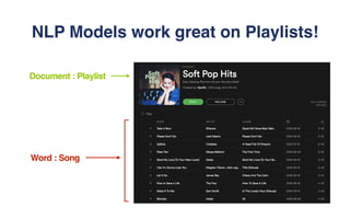 Document : Playlist
Word : Song
NLP Models work great on Playlists!
 