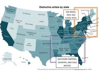 JAM BANDS,
INDIE AND
CLASSIC ROCK.
SOUTHERN RAPPERS,
COUNTRY, AND FOLK
ARTISTS
 